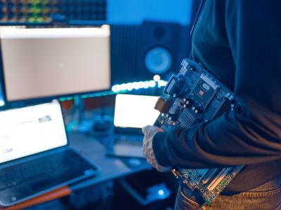 Computer engineer holds PC motherboard
